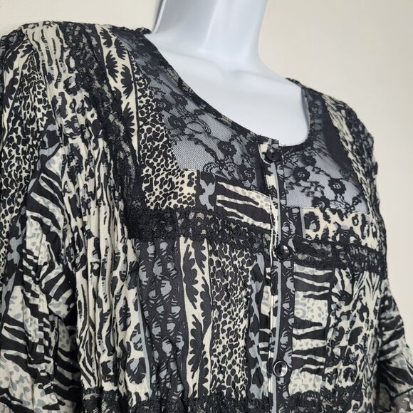 Larry Levine black white mixed print grunge lace abstract art to wear top large - Picture 2 of 7